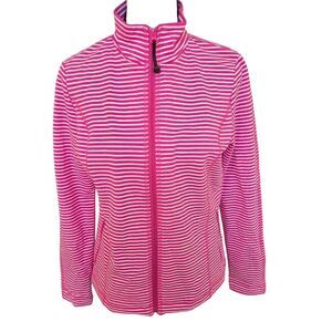 Jones NY Sport Womens Striped Long Sleeve Full Zip Sweatshirt Pink White Small